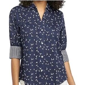 Foxcroft NYC Easy Care Navy White Bird Print Button Up Cotton Blouse Top Large